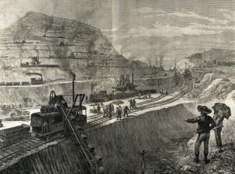 Construction of Panama Canal. Dredging works in the village of Culebra (original drawing by Meltor Prior). Image published in 