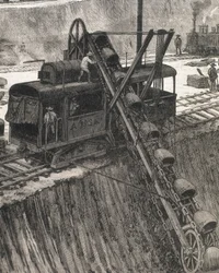 Construction of Panama Canal. Dredging works in the village of Culebra (original drawing by Meltor Prior). Image published in 
