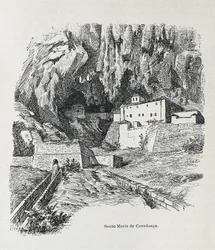 Covadonga. Hermitage of Santa Maria. Engraving. Spain. Aragon. Zaragoza. General Military Academy