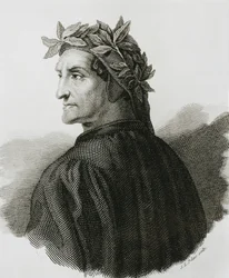 Dante Alighieri (1265-1321). Italian poet. Reproduction of a fresco by Raphael (engraving)