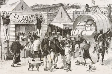 England (19th century). Colonization (1880). The life of the gold diggers in Australia. English colony of Botany Bay (founded in 1788) and initially populated mostly by criminals turned prospectors and traders (engraving)