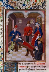 Interrogation and Torment. Miniature of the Middle Ages
