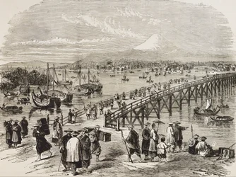 Japan (19th century). City of Edo, crossed by Toniak river (engraving)