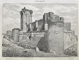 Medina del Campo. The Mota Castle. Engraving. Spain. Aragon. Zaragoza. General Military Academy