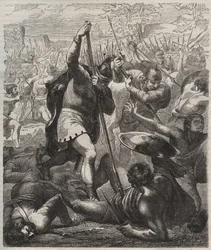 Representation of Pelagius the Conqueror, King of Asturias Triumphant Against the Saracens, 719, Covadonga, Spain