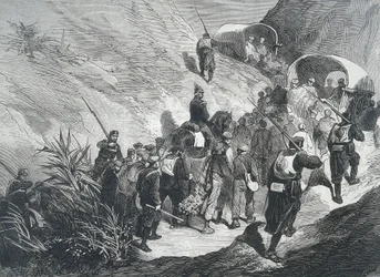 Spain. Third Carlist War. Carlist prisoners walking across the mountains in Emporda (Catalonia). Engraving.