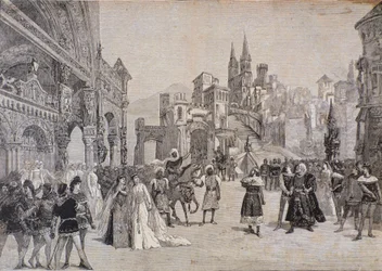 The Envoy of Boabdil the Moor declaring war against the King of Castile, from the opera Werther, after the representation at the Teatro Costanzi in Rome