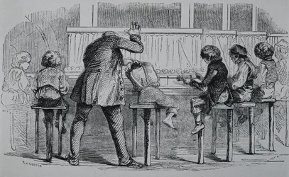 Industrial Revolution: Children using machines in a textile factory (engraving)