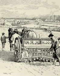Industrial Revolution: Drilling machine invented by Jethro Tull (engraving)