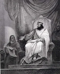 Charlemagne (742-814) issuing the Capitulary of Herstal in 779, engraved by Leclerc