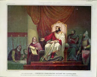 Charlemagne (742-814) Issuing the Capitulary of Herstal in 779, Engraved by Eugène Ronjat, c. 1860-80