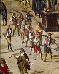 Place of the Court of the Vicaria in Naples at the Time of the Revolution of Masaniello Criminals are Judged Before the Entrance - Detail Depicting a Group of Convicts Chained by the Neck