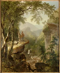 Kindred Spirits: The painter Thomas Cole (1801-1848) and the poet William Cullen Bryant (1794-1878) interact in a romantic landscape. Painting by Asher Durand (1796-1886), 1849, private collection - Kindred Spirits. The great artist of the Hudson River