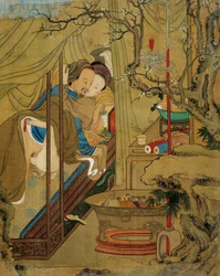 Erotic scene. A couple during the act of love in a bed