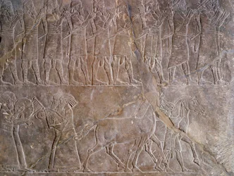 Oriental Antiquities: Detail of a Bas-Relief in Limestone: The Musicians of the Armour of Ashurbanipal, King of Assyria. 640 BC. From Nineveh. Paris, Louvre Museum