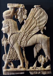 Winged Griffin with human face, Phoenician style ivory furniture decoration, Nimrud, 800-700 BC