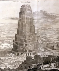 The Tower of Babel. Reconstruction by Athanasius Kirche in his work "Turris Babel" about this tower and the history of early humanity