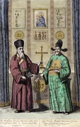 Portrait of Matteo Ricci and Paul Ly, great propagator of the Christian faith in China, engraving of 