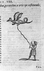 The Greek philosopher Archytas of Taranto (435-347 BC) Pythagorean philosopher, mathematician, astronomer and his wooden dove capable of flying. Engraving from Mundus Subterraneus by Athanasius Kircher (1601-1680) 1682