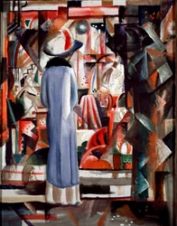 Large illuminated showcase. A woman wearing a long coat and a hat looks at a showcase. Painting by August Macke (1887-1914), 1912. Dimensions 105 x 85 cm. Hanover, Sprengel Museum