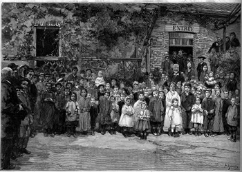 Victor Hugo (1802-1885) with the poor children of Veules-en-Caux to whom he offered a banquet on 24 September 1882. Engraving by Gerardin in Le Monde Illustré n°1333 of 14 October 1882