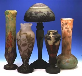 Selection of acid-etched, overlay and cameo vases and a lamp