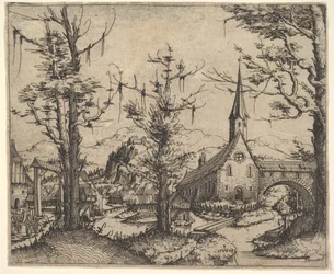 Landscape with Four Trees and a Church at Right