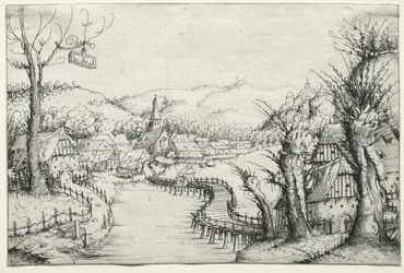 River Landscape with three bare willow-trees at right and a long winding wooden bridge, 1546