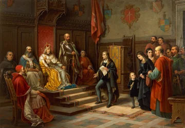 Frederick III, being pressed to march against Turks by Trieste poet Raffaele Zovenzoni, by Augusto Tominz