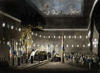 Remains of Lord Viscount Nelson Laying in State in the Painted Chamber at Greenwich Hospital (engraved by J. Merigot)