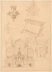 Designs for Gothic Ornamentation, a Kneeler, and Two Sketches of the Interiors of Gothic Churches
