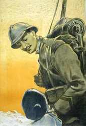 Italian World War I Poster shows a soldier looking down at his small son. 1917