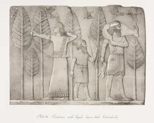 Monuments of Ninevah: Plate 32, Huntsmen with Gazelle, Hare and Birds Khorsabad, 1853
