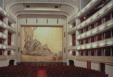 Auditorium of the Viennese State Opera House showing a scene from Orpheus, destroyed in 1945, rebuilt and opened again in 1955
