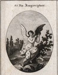 Allegory of curiosity represented with a drapery dotted with ears and eyes. The wings elevated. Engraving in 
