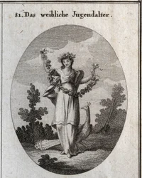Allegory of adolescence (teenage girl) represented by a young woman with a crown and a garland of flowers to denote happy felicity. The peacock understands the love of adornment. His foot is placed on an hourglass. Engraving in 