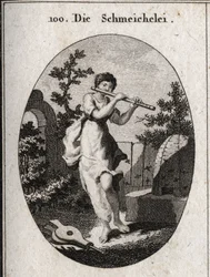 Allegory of Adulation Playing Flute to Mark That She Seeks to Insinuate Herself by the Sweetness of Her Words. Its Attribute is the Bee (for the Sweetness of Honey and the Venom of the Sting) and the Bellows (Flattery Lights the Fire of Passions). Engravin