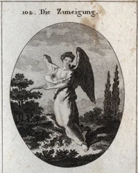 Allegory of affection or kindness. Its attribute is the lizard, symbol of its kindness and natural affection for men. Engraving in “Iconologie oder Ideen aus dem Gebiete der Leidenschaften und Allegorien bildlich dargestellt für Zeichner, Maler, Dichter,”
