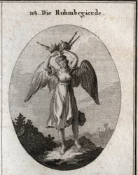 Allegory of ambition. Its wings mark its inclination to rise and its temerity is represented by various kinds of crowns and scepters. The blindfold underlines her lack of discernment and her blindness to everything she thinks she deserves. Engraving in