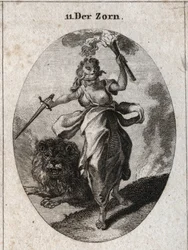 Allegory of Anger represented in a restless attitude, a blindfold, a sword and a torch in the hands. It is clothed with bear skin and the lion behind it is furious. Engraving in 