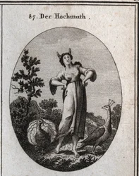 Allegory of arrogance. His donkey ears mark ignorance and his posture denotes his pride. The peacock is a symbol of pride and the turkey making the wheel is that of stupidity. Engraving in 
