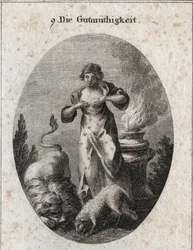 Allegory of Benignity Nursing at the Same Time a Lamb and a Lion Symbolizing Equal the Weakest and Strongest. Fire on the Altar Denotes Religious Feelings. Engraving in 