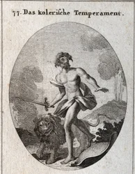 Allegory of choleric complexion. He holds a sword to attack and just threw his shield forgetting to defend himself. His attribute and a threatening lion. Engraving in 