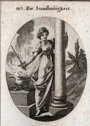Allegory of constancy. She holds a sword over a burning fire. The column it embraces is the attribute of the farm. Engraving in 