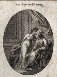 Allegory of cunning and deception. Expression: Who gives you more caresses than usual, it is a sign that he has cheated on you or that he wants to deceive you. Engraving in 