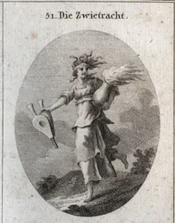 Allegory of discord. Her hair is formed of vipers and her forehead is a bloody bandage. A bellows in one hand and in the other a vase of fire. Engraving in 