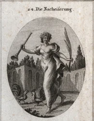 Allegory of emulation. The trumpet and palm symbolize the reward attributed to the merit. The attributes are two cockerels ready to fight. Engraving in 