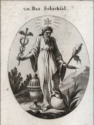 Allegory of fate. A star above it shows the effects of astrology on the incidents of human life. It holds with one hand a deciduous symbol of its power and in the other a cattail symbol and a spindle whose broken thread indicates the fragility of life.