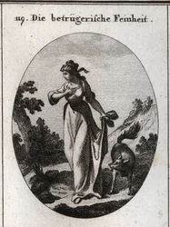Allegory of finesse that tends to deceive. She is represented one hand on her chest and another cover behind her holding a fox symbol of deception. Engraving in 