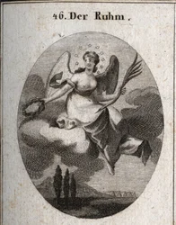 Allegory of Glory on a Cloud. She Holds a Palm and Presents Laurel Wreaths from Which She Recompenses Her Favorites. Her Wings Mark Her Elevation. Engraving in 